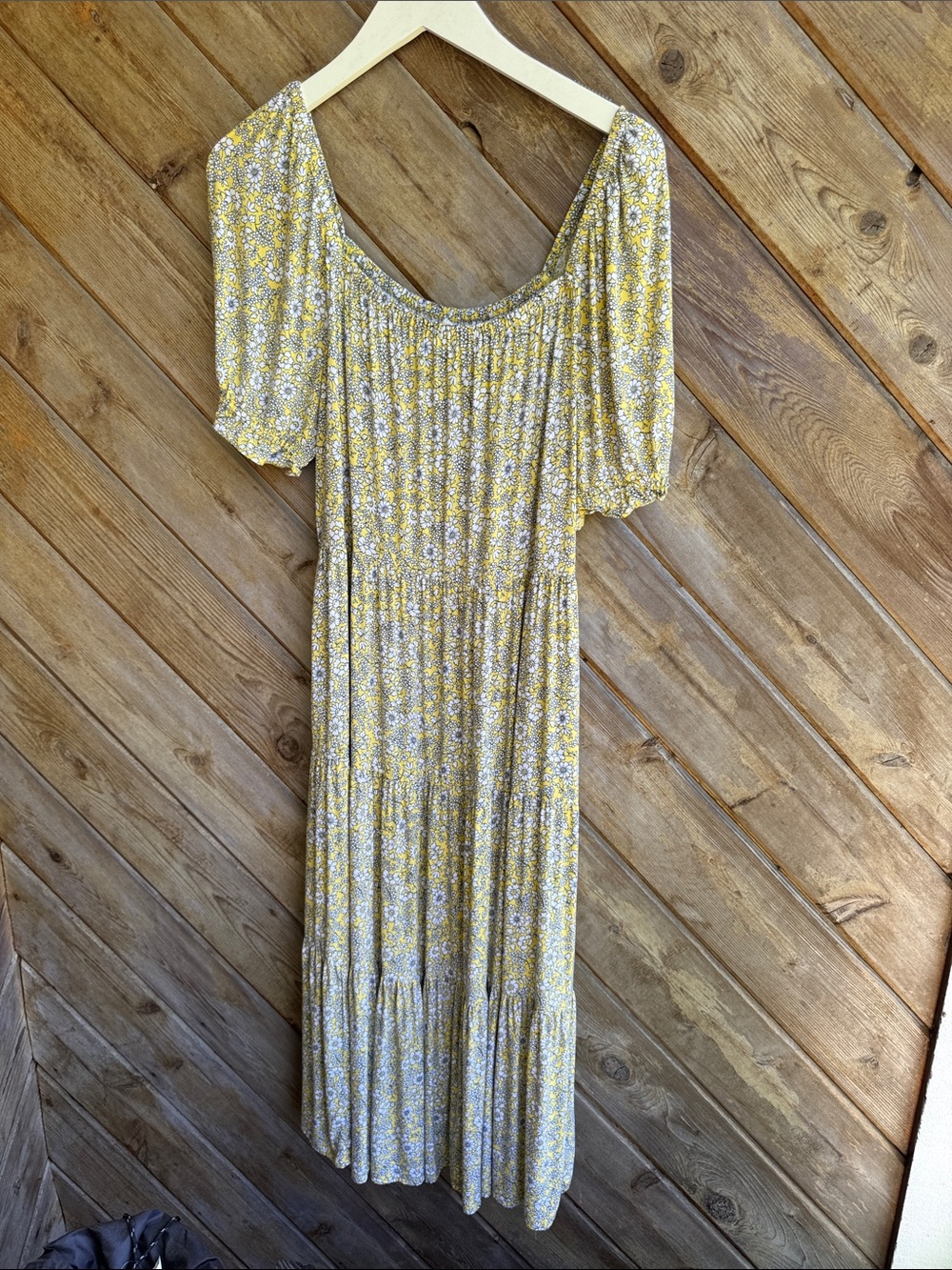 J. Crew Yellow Floral Tiered ruffle scoop neck Maxi Dress medium